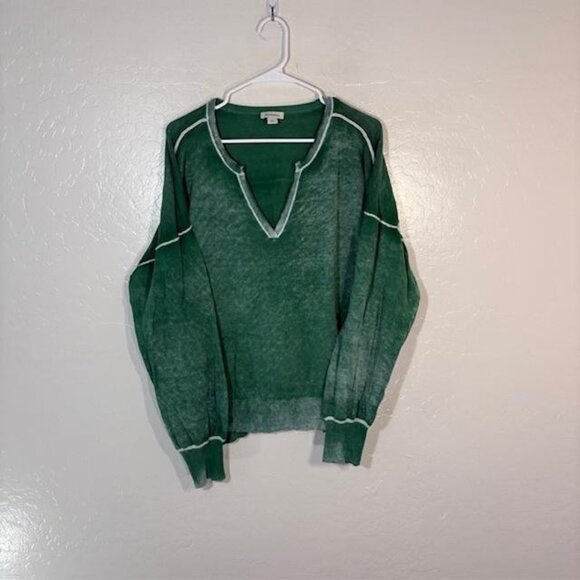 Sundance Sweater Womens Large Green Sheer Knit Split V Neck Contrast Seams Boho - Picture 1 of 7